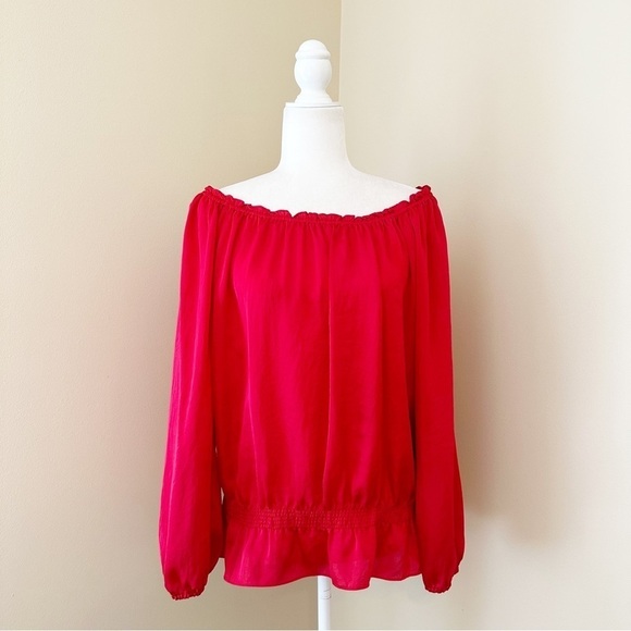 Michael MK Peplum Elastic Neck Long Sleeve Red Top - Large - Picture 9 of 9